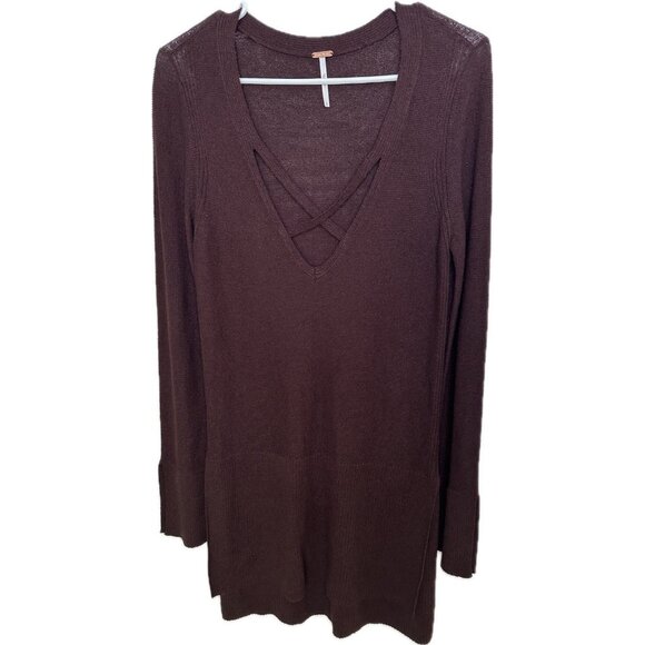 Free People Crisscross Tunic Sweater Small Mocha Brown Boho Long Sleeve - Picture 2 of 9